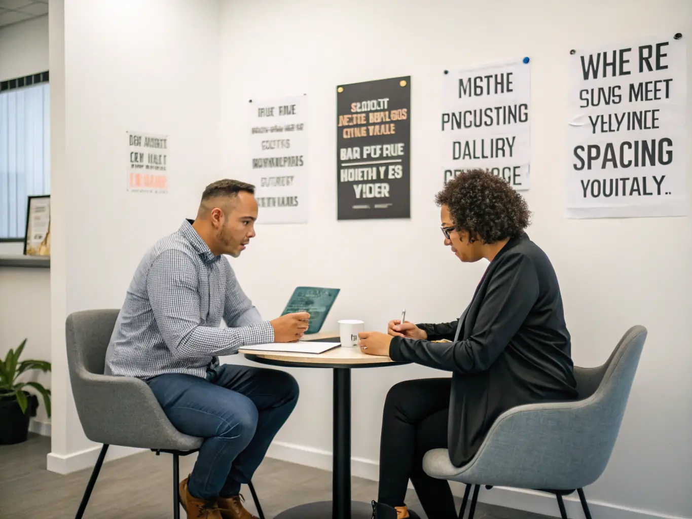 An image of a coach and client engaged in a one-on-one coaching session in a modern office setting, both smiling and looking at a tablet displaying performance metrics.