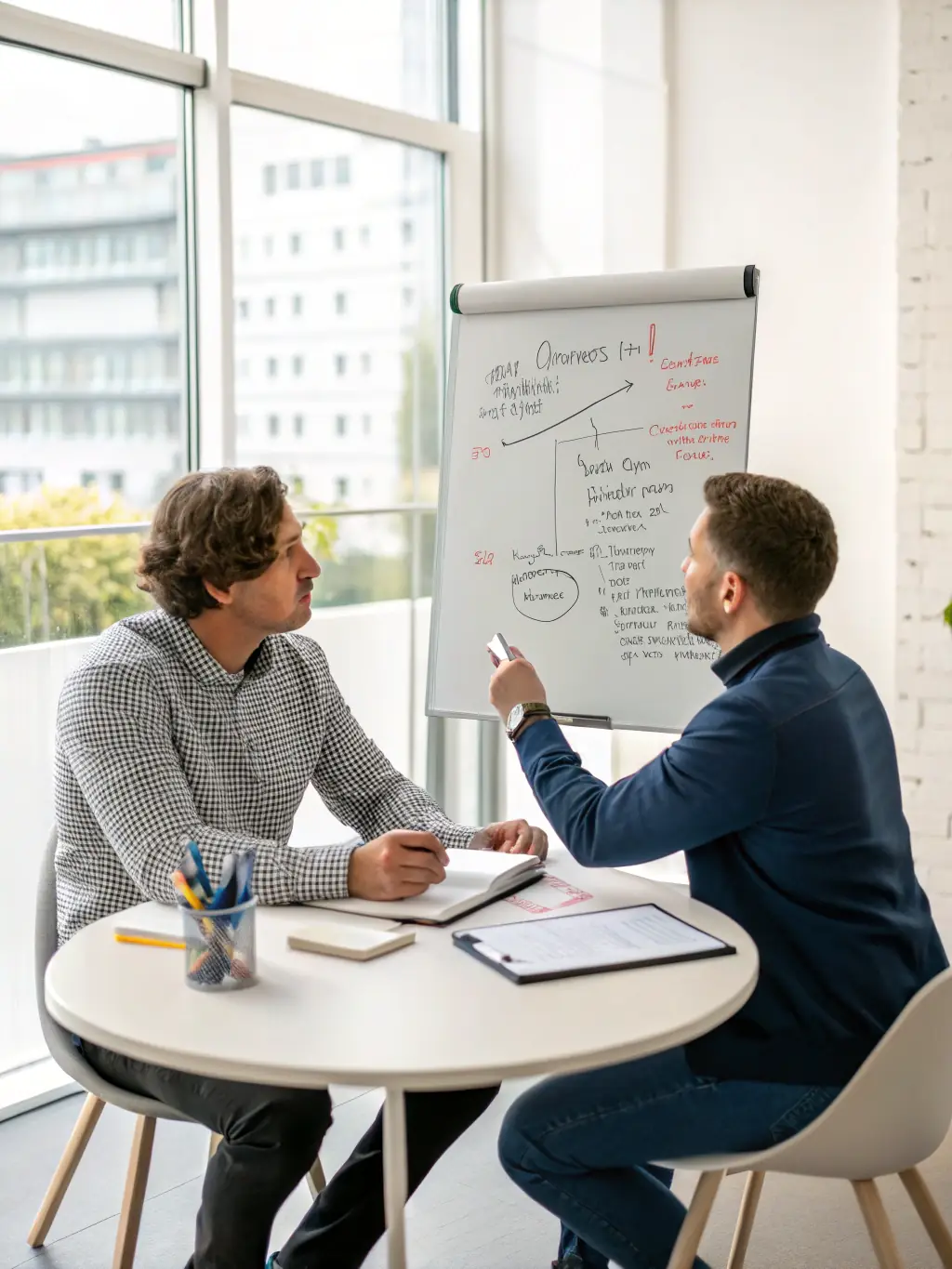 A coach and client in a focused discussion, reviewing a progress chart in a modern office setting, symbolizing performance improvement.