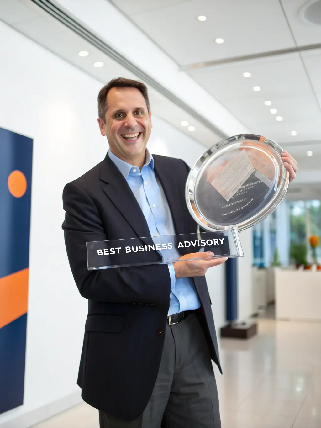 A professional celebrating a milestone achievement, holding a trophy and smiling, representing successful outcomes.