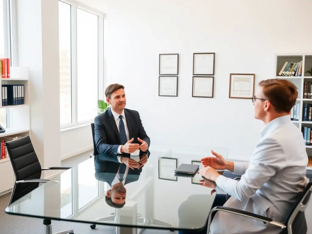 A professional business coach in a modern office setting, guiding a client through a goal-setting exercise using a whiteboard and markers, emphasizing strategic planning and visualization.