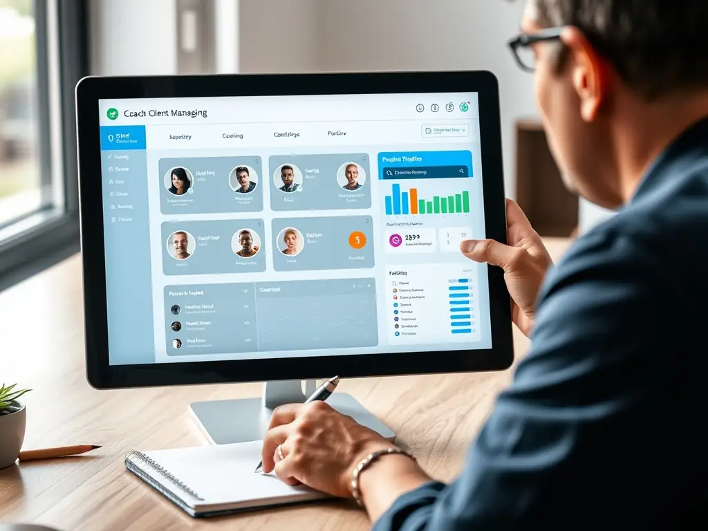 A coach and client collaborating on a digital tablet, reviewing performance metrics and discussing strategies for improvement in a data-driven coaching session.