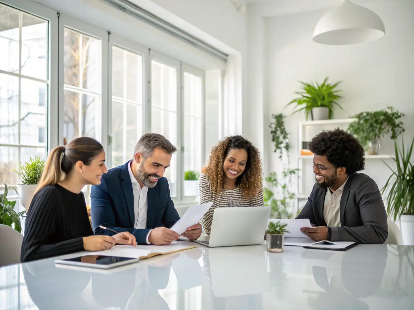 A diverse group of professionals participating in a team coaching session, focusing on communication skills and collaborative problem-solving in a modern UK office environment.